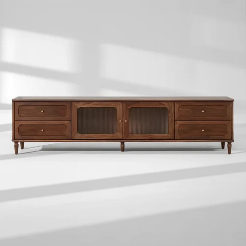 Modern Wooden TV Stand With Glass Doors And Drawers