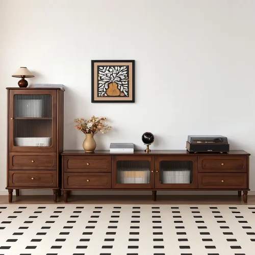 Alternative view of Modern Wooden TV Stand With Glass Doors And Drawers