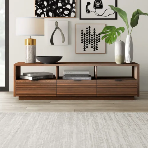 Alternative view of Modern TV Stand With Open Storage And Slatted Drawers